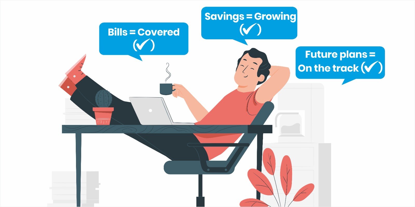 This image portrays a scene where a person is enjoying his financial well-being, contemplating his life goals, which are on track, his bills, which are fully covered, and his savings, which are growing.