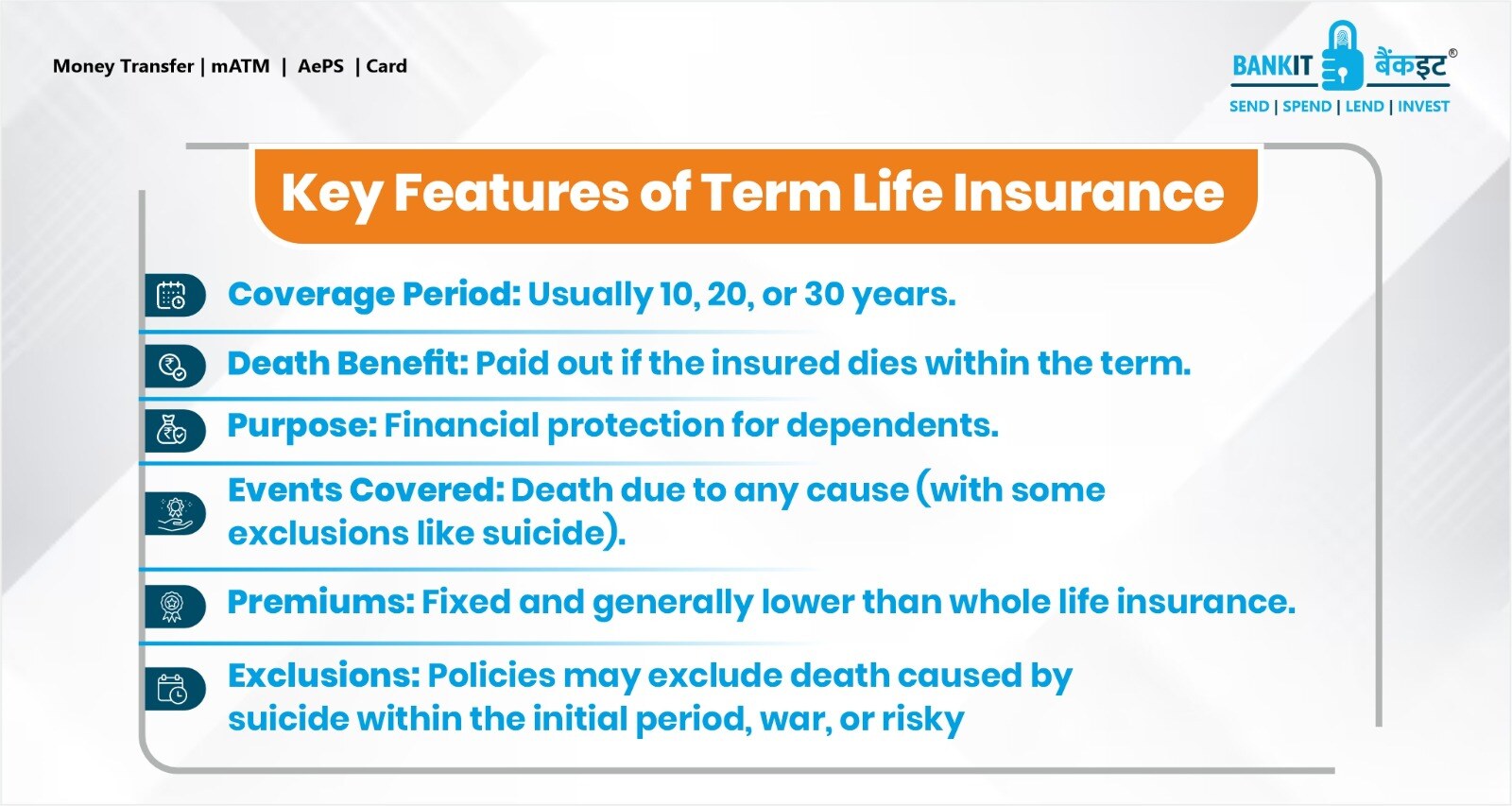 Term life insurance offers financial protection for dependents for a set term (10-30 years) at a lower cost. If you die within the term from a covered cause (usually all causes except some exclusions), beneficiaries get a death benefit. Premiums are fixed.