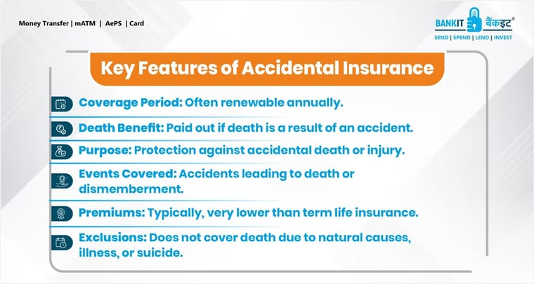 Accidental life insurance is a specific type of coverage that pays out a benefit if the insured dies due to an accident. It's typically cheaper than term life insurance, but it only covers accidental death, not death from illness or natural causes. Policies typically can be renewed every year and may also provide benefits for accidental dismemberment.