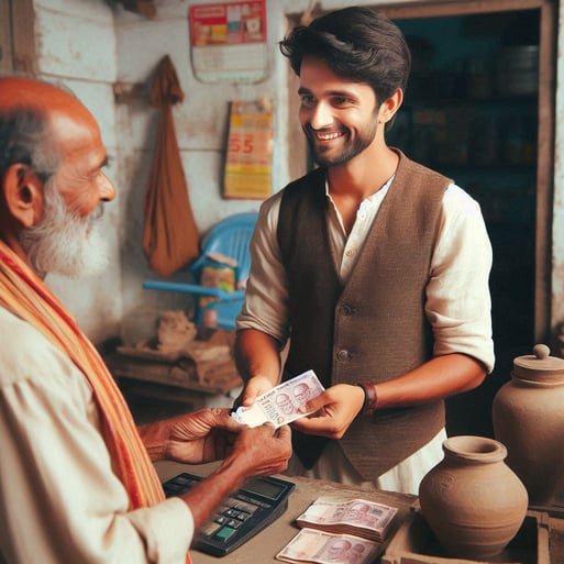 A person at a shop handing cash to customers who are using a mini ATM for cash withdrawal.